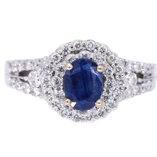 18k White Gold 1.55CT Diamond & Blue Sapphire Cluster Ring size 7.75