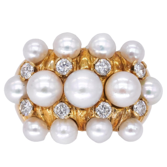 18k Yellow Gold Jewelry 0.64CT Diamond & Pearl Band Ring size 6.25