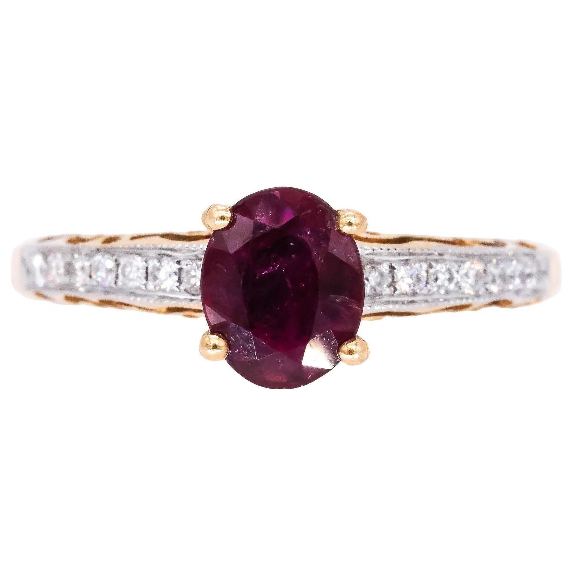 18k Yellow & White Gold 1.21CT Diamond & Ruby Filigree Carved Ring size 7.75