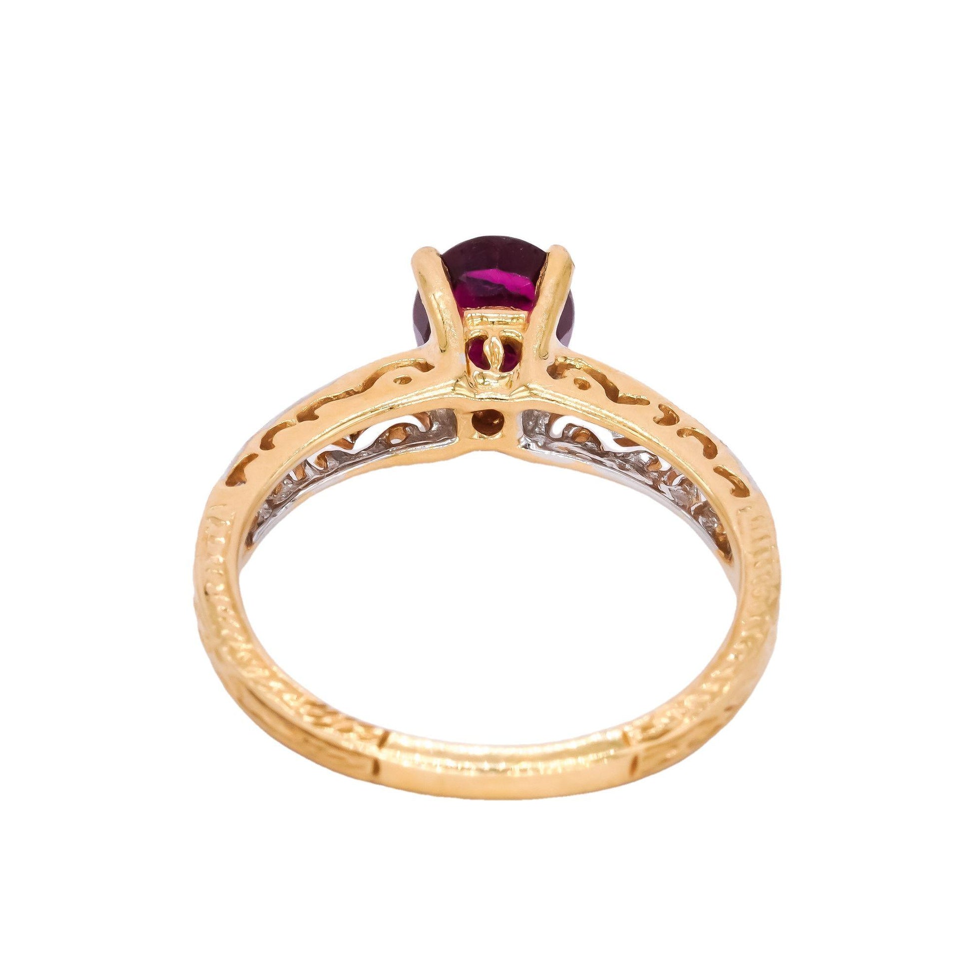 18k Yellow & White Gold 1.21CT Diamond & Ruby Filigree Carved Ring size 7.75