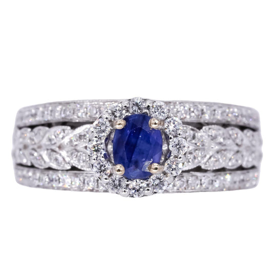 18k White Gold Jewelry 1.42CT Diamond & Sapphire Pave Halo Ring size 7.75