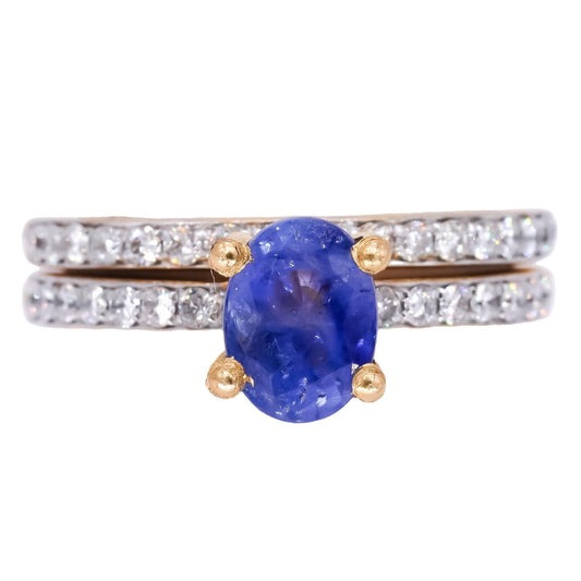 18k Yellow Gold 2.20CT Diamond & Sapphire Wedding Ring w/ Matching Band size 7.5