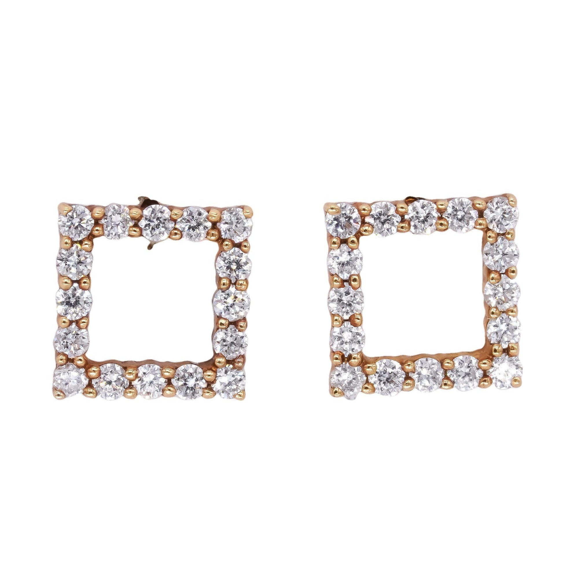 18k Yellow Gold Jewelry 0.37CT Diamond Open Square Stud Earrings