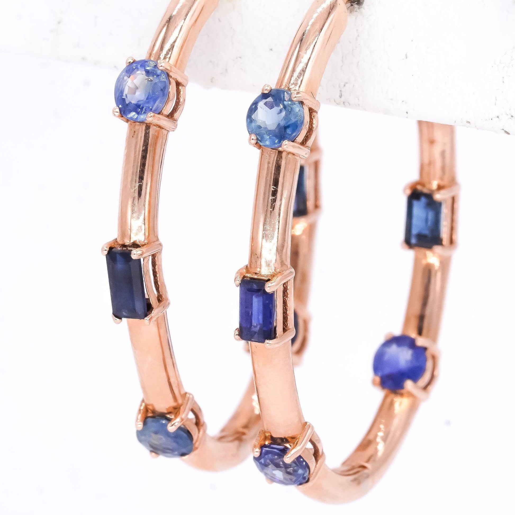 14k Rose Gold Jewelry 4.01CT Blue Sapphire Inside Out Hoop Earrings