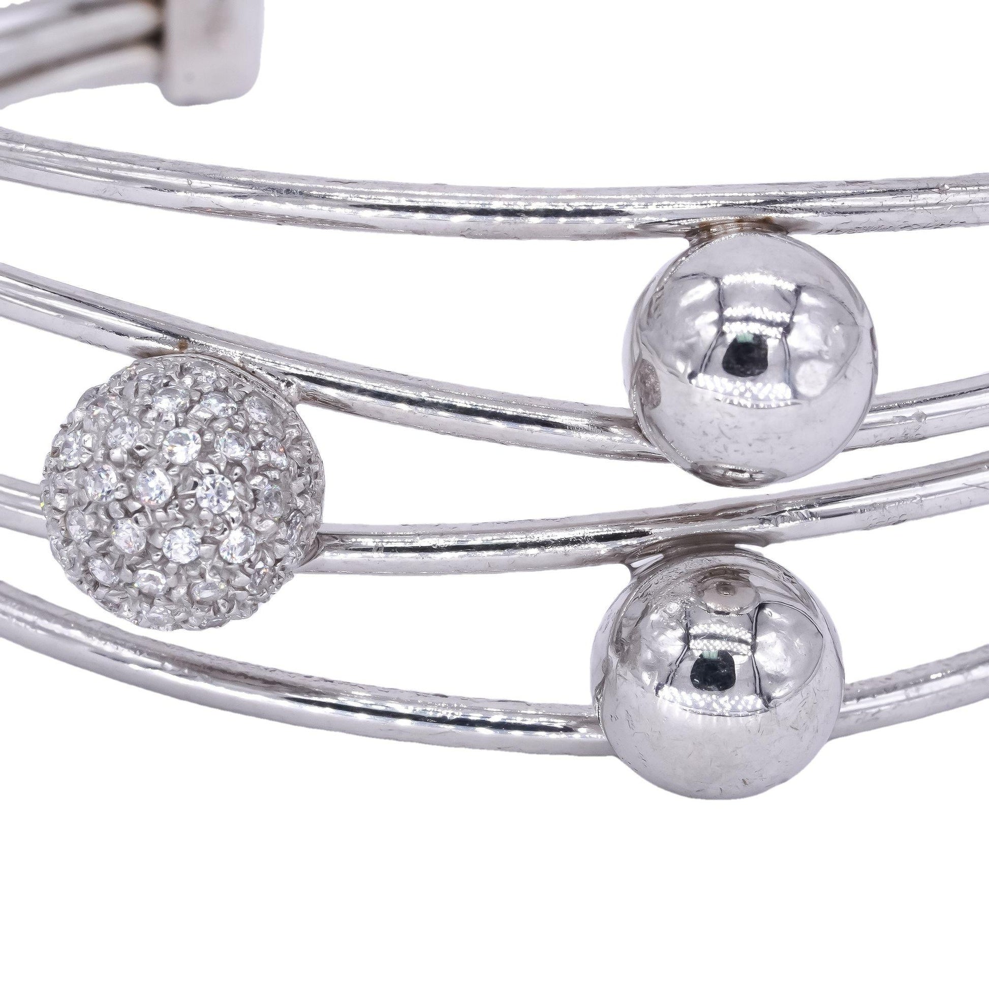 Sterling Silver White Cubic Zirconia 3 Button Bangle Bracelet