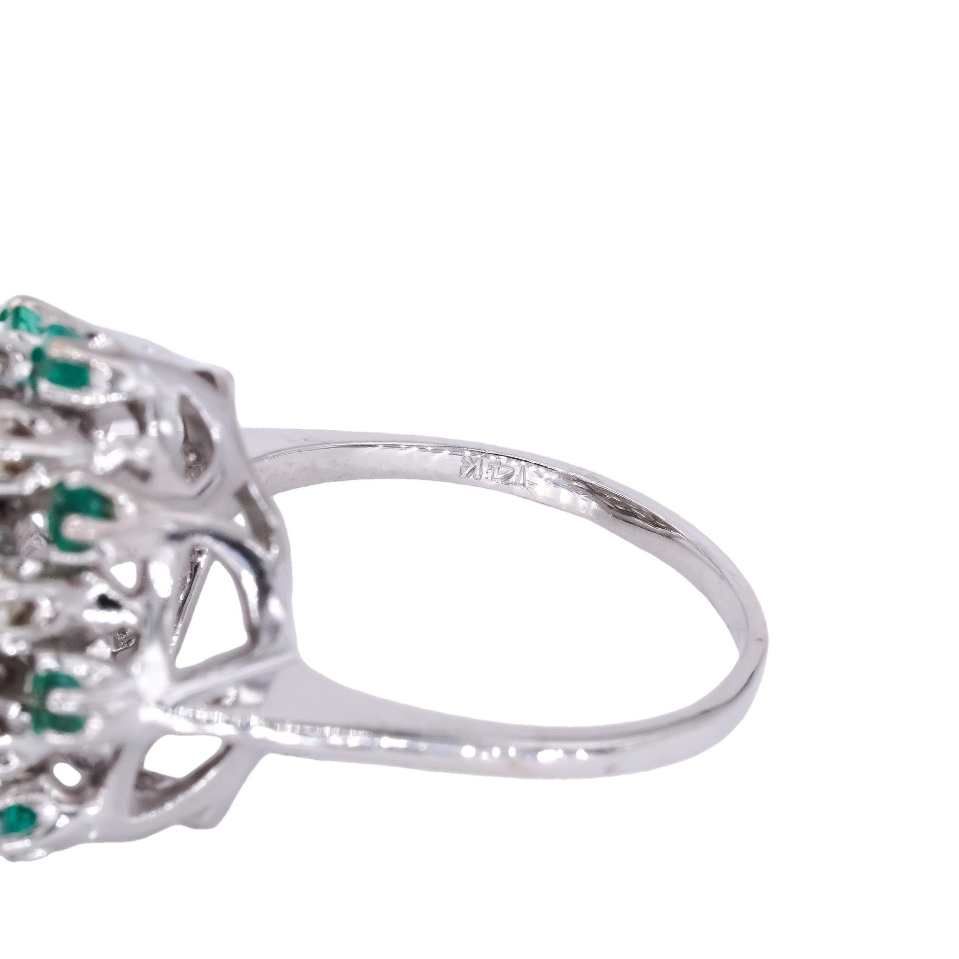 Vintage 14k White Gold VS Diamond & Emerald Cluster Cocktail Ring size 8