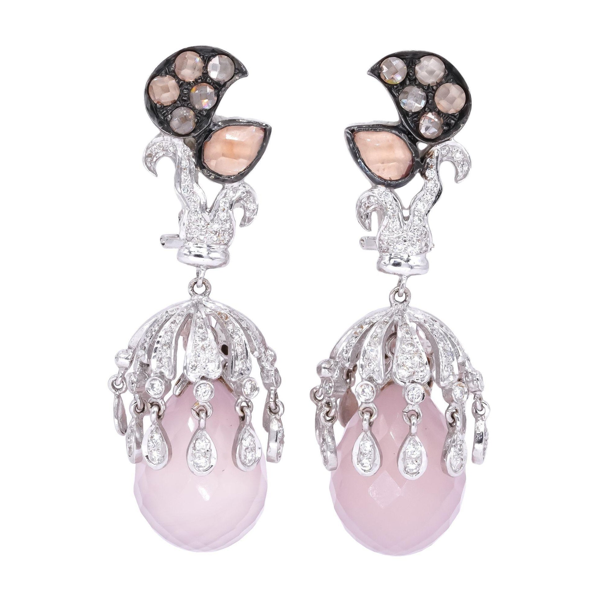 18k White Gold 1.50CT VS Diamond & Rose Quartz Chandelier Dangle Earrings