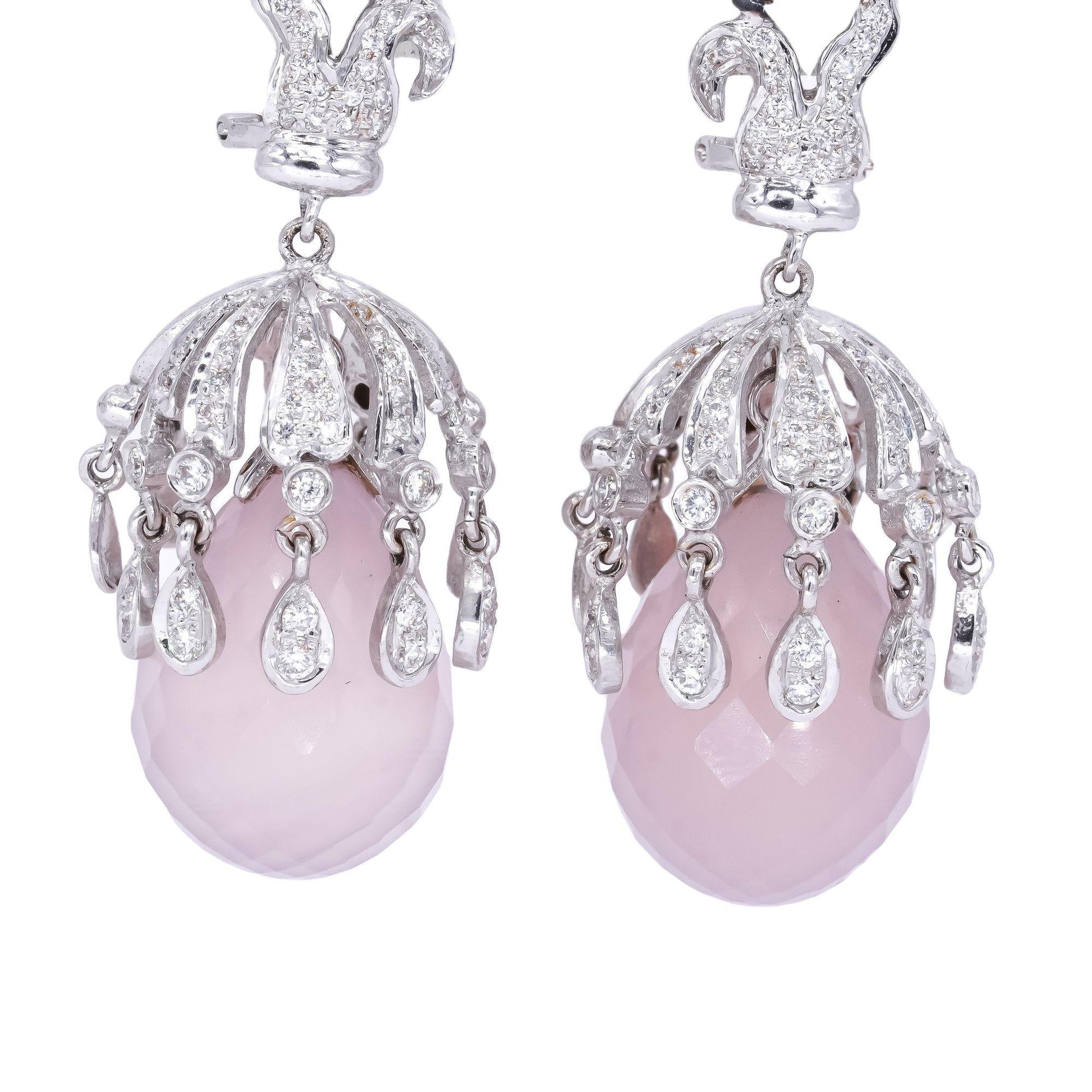 18k White Gold 1.50CT VS Diamond & Rose Quartz Chandelier Dangle Earrings