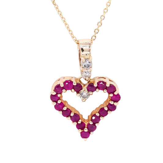 14k Yellow Gold 0.68CT Diamond & Ruby Heart Pendant Necklace