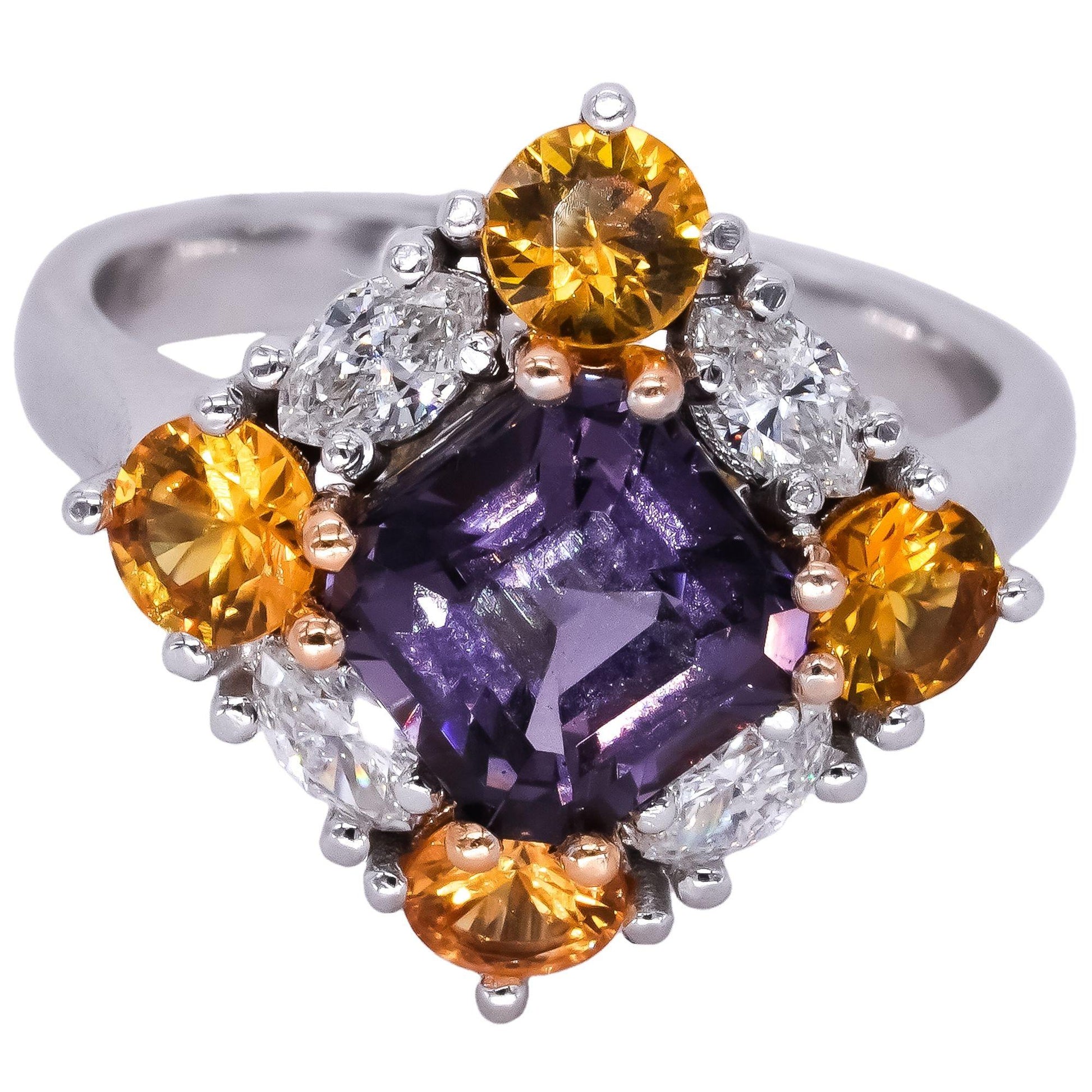 18k White Gold 4.25ct Spinel + Diamond + Yellow Sapphire Cluster Ring Size 6.25