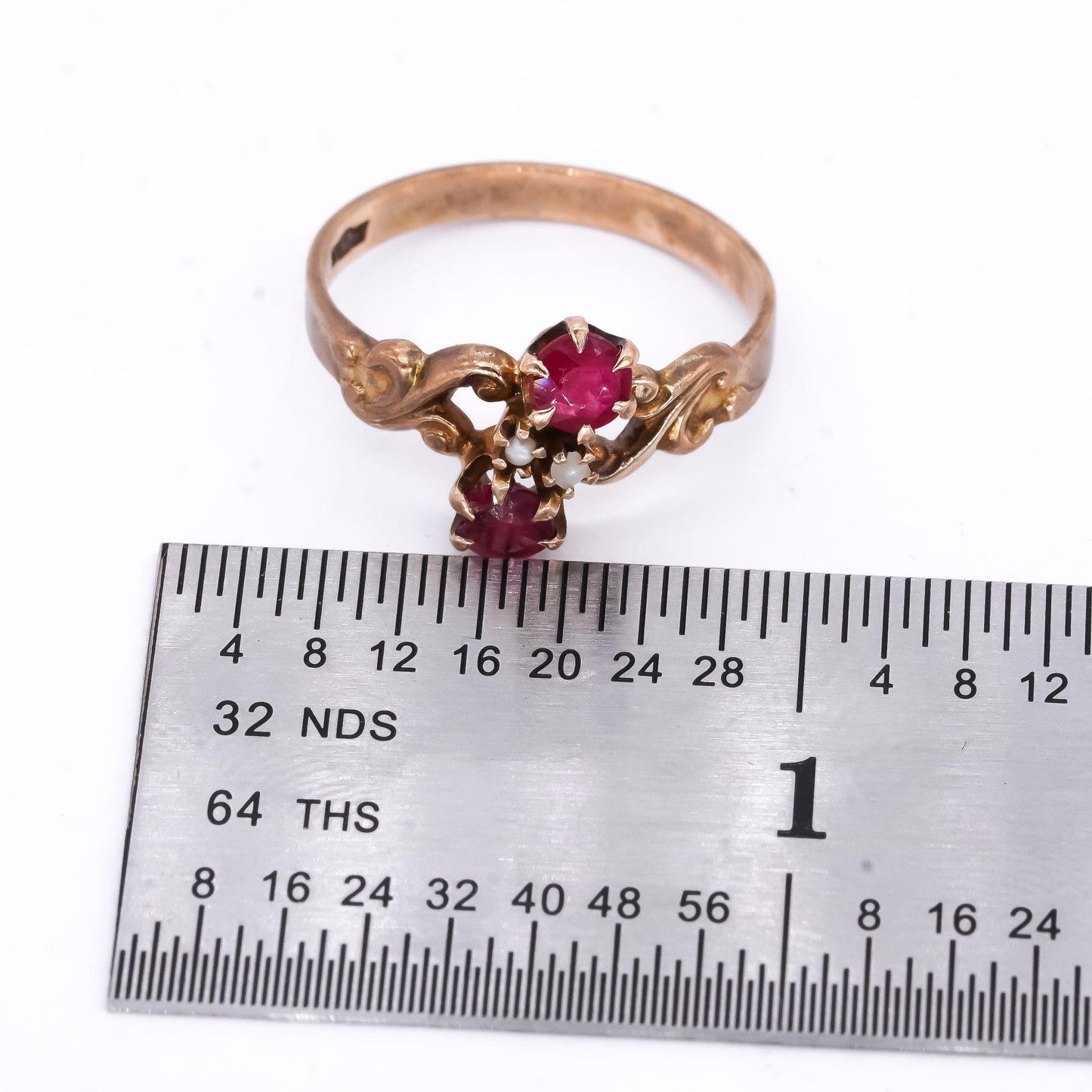 Antique Vintage 10k Yellow Gold Jewelry Pink Tourmaline & Pearl Ring size 7