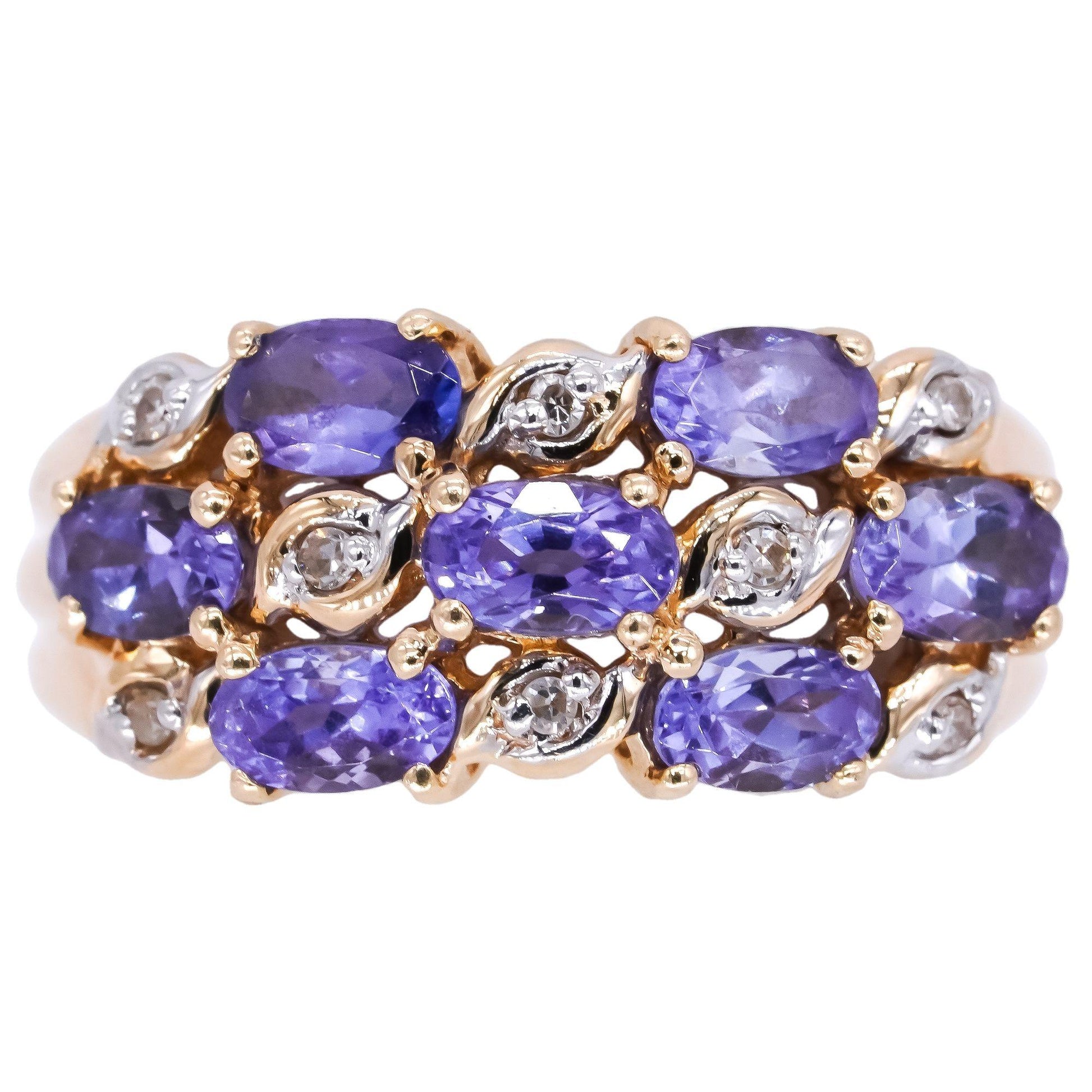 14k Yellow Gold 1.32CT Diamond & Tanzanite Cluster Cocktail Ring size 8