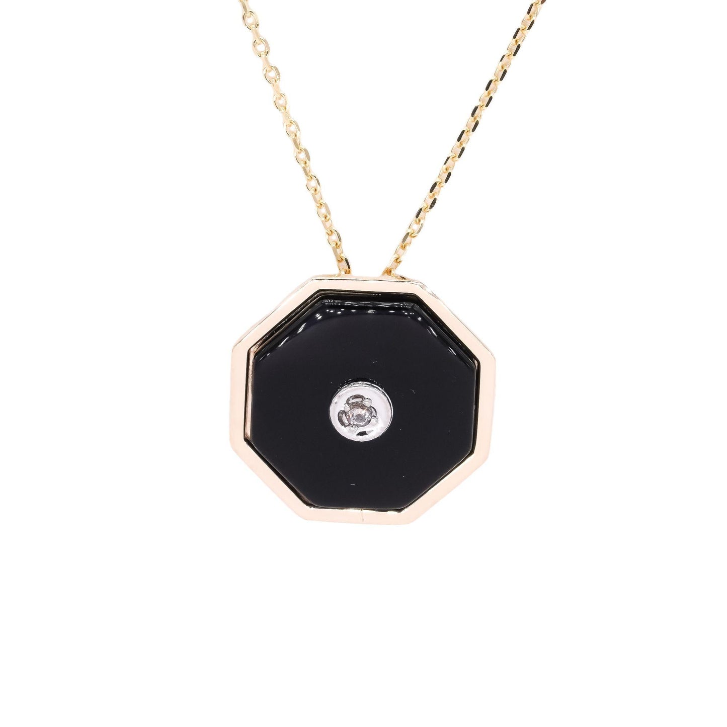 14k Yellow Gold 0.02CT Diamond & Black Onyx Octagon Pendant Necklace