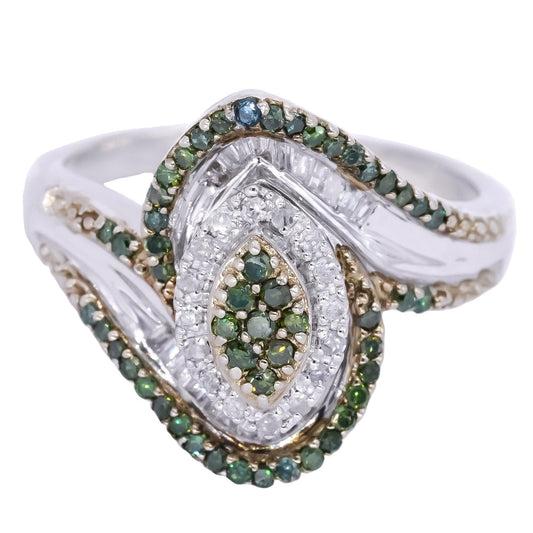 Sterling Silver 0.40CT White & Green Diamond Cluster Cocktail Ring size 7