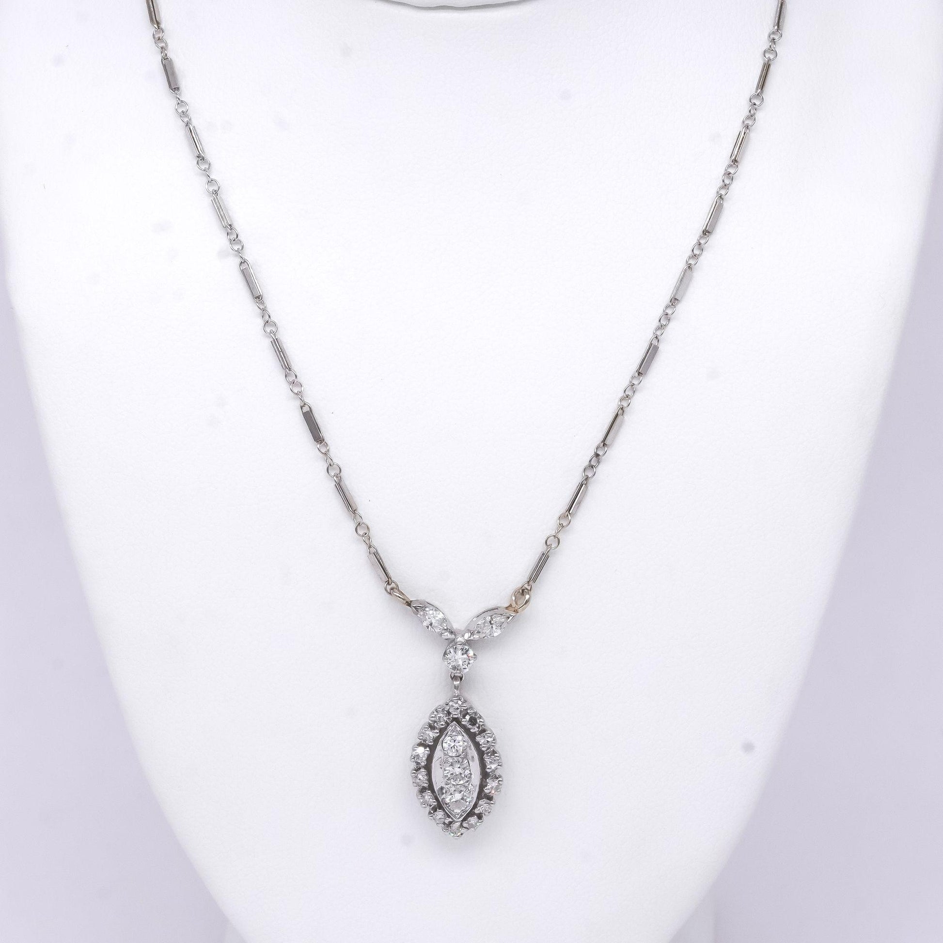 Vintage 14 K White Gold 0.70CT VS Marquise & Round Diamond Drop Necklace