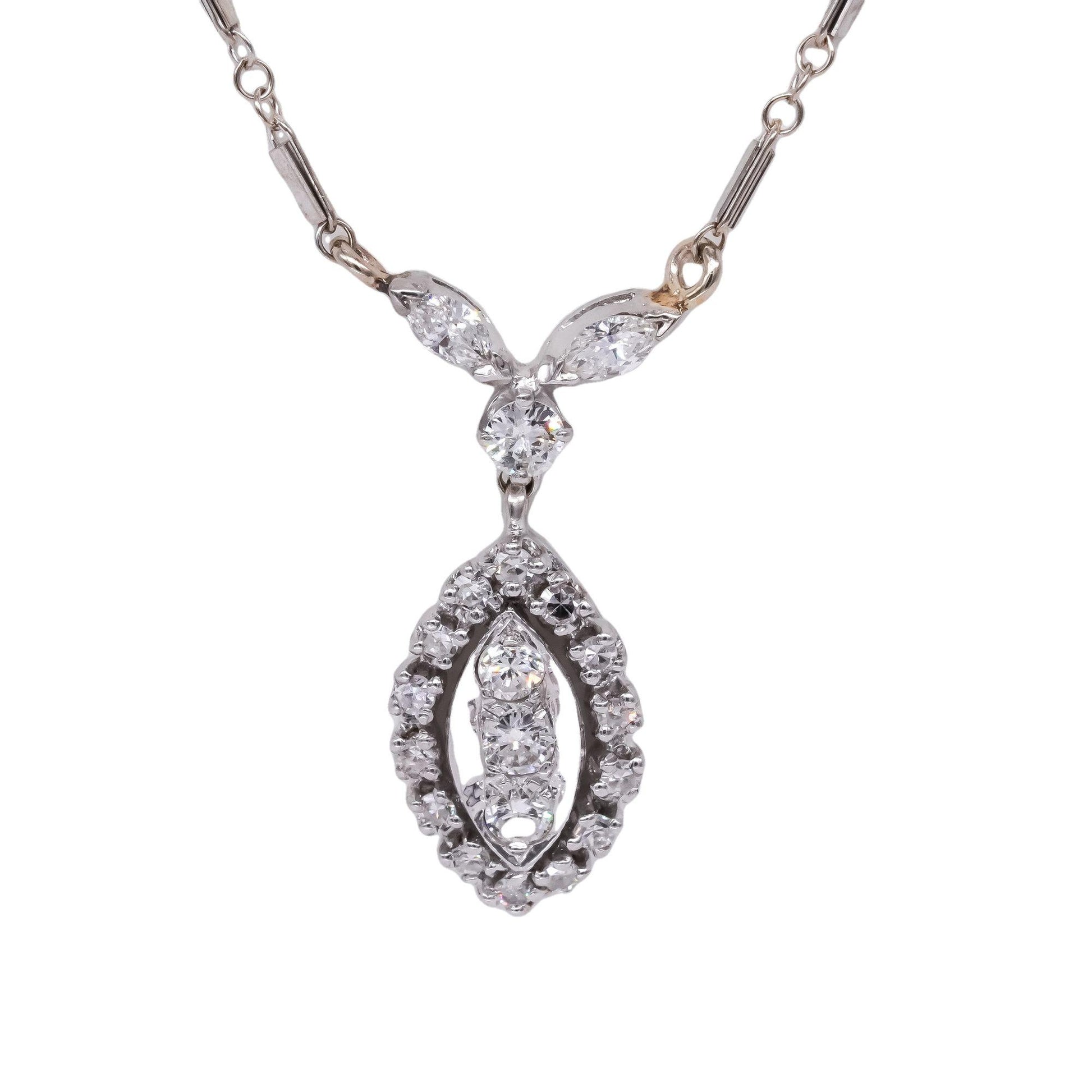 Vintage 14 K White Gold 0.70CT VS Marquise & Round Diamond Drop Necklace