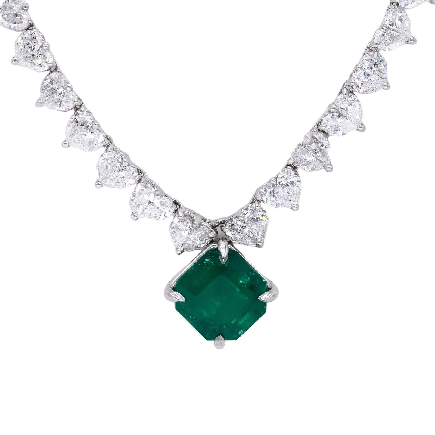 18k White Gold 24.07ct VS Diamond & Colombian Emerald Formal Necklace