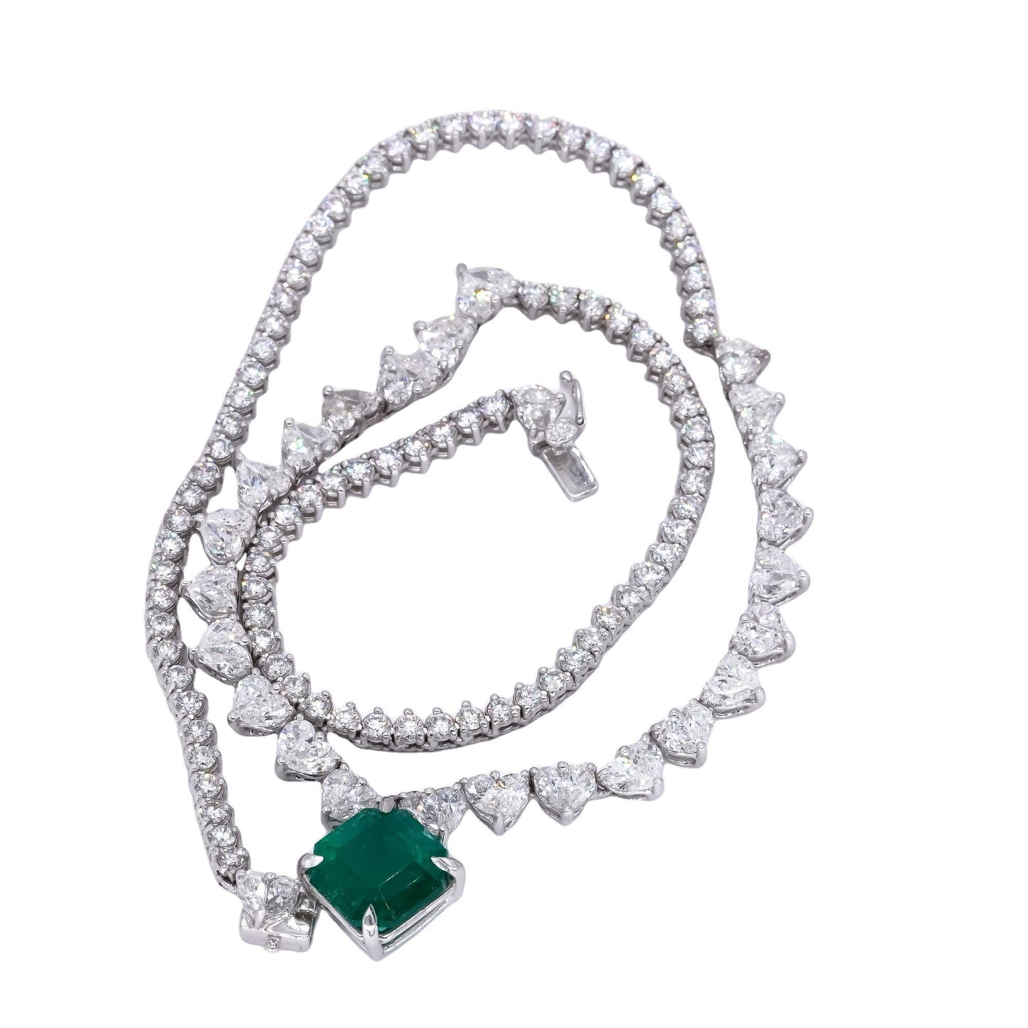 18k White Gold 24.07ct VS Diamond & Colombian Emerald Formal Necklace