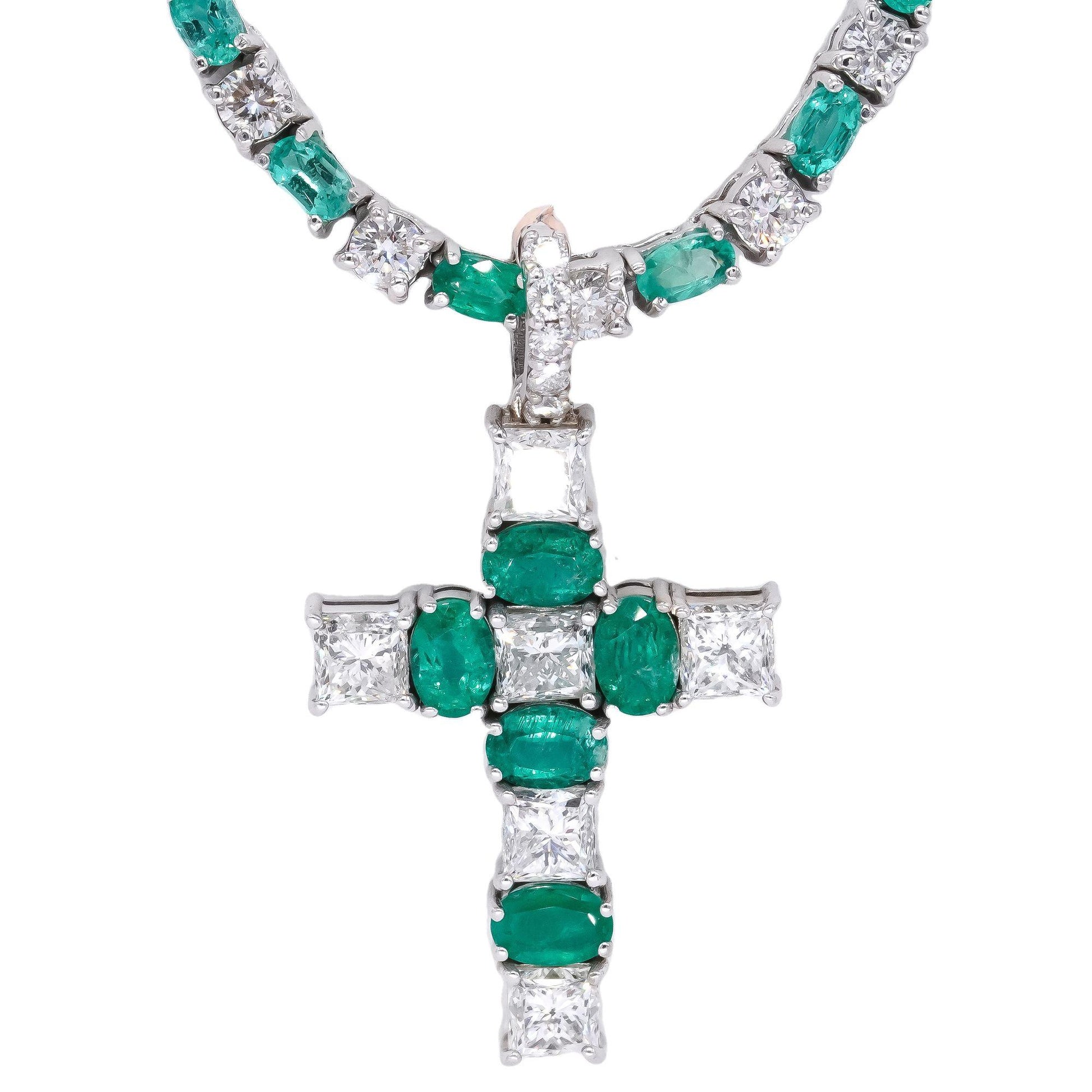 14k White Gold 31.04CT Diamond & Emerald Cross Pendant Necklace