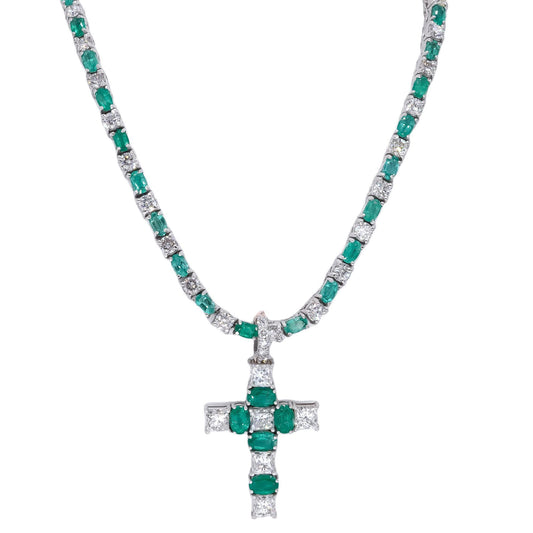 14k White Gold 31.04CT Diamond & Emerald Cross Pendant Necklace