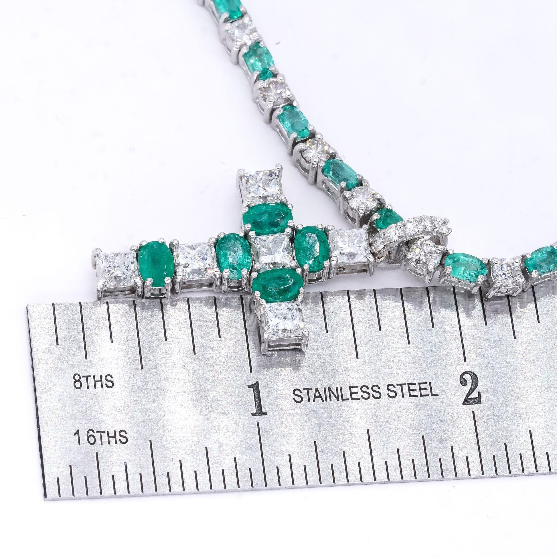 14k White Gold 31.04CT Diamond & Emerald Cross Pendant Necklace