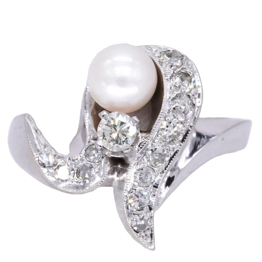 Vintage 14k White Gold 0.30CT VS Diamond & Pearl Swirl Ring size 8.75