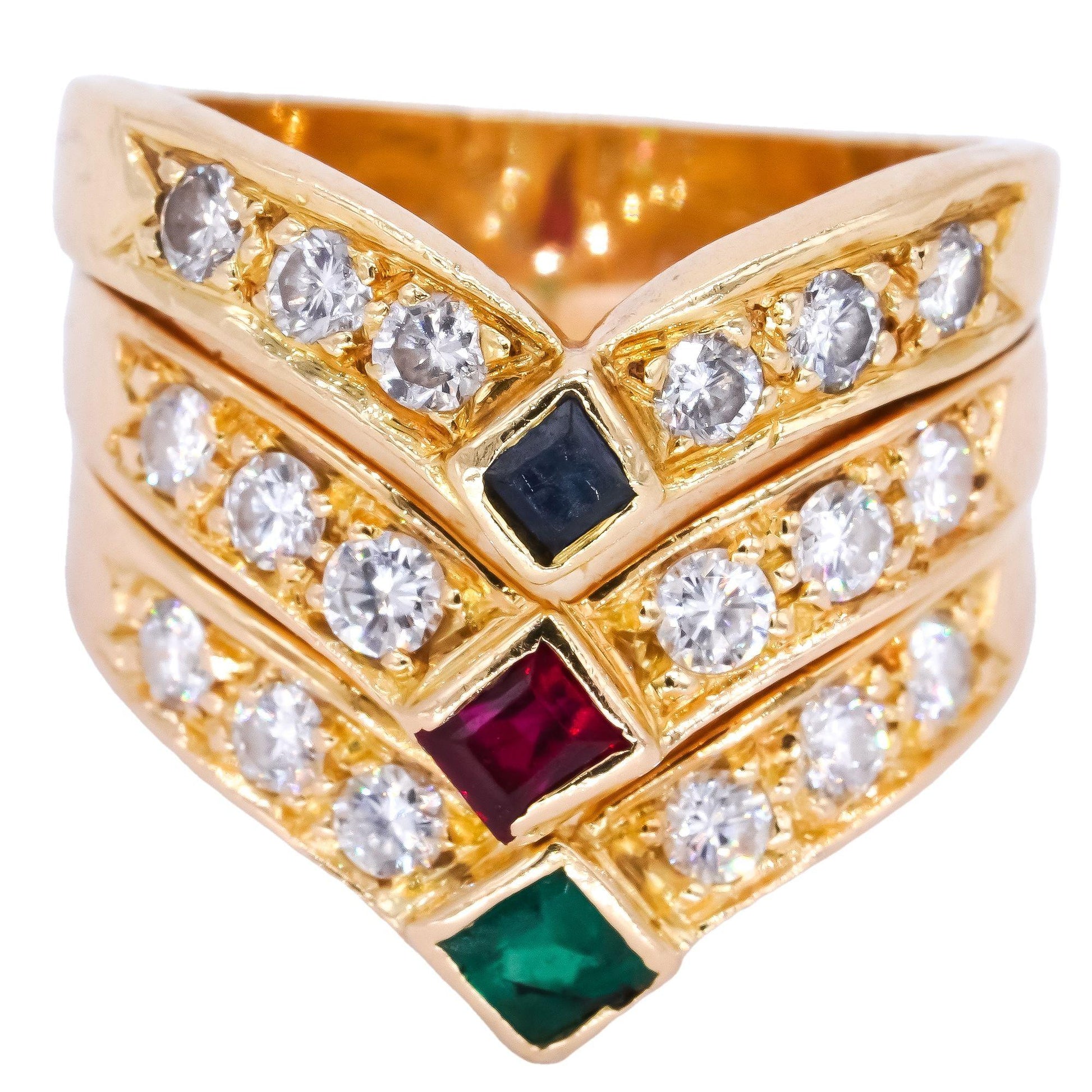 18k Yellow Gold 0.80CT VS Diamond Ruby Emerald Sapphire V Ring size 4.5