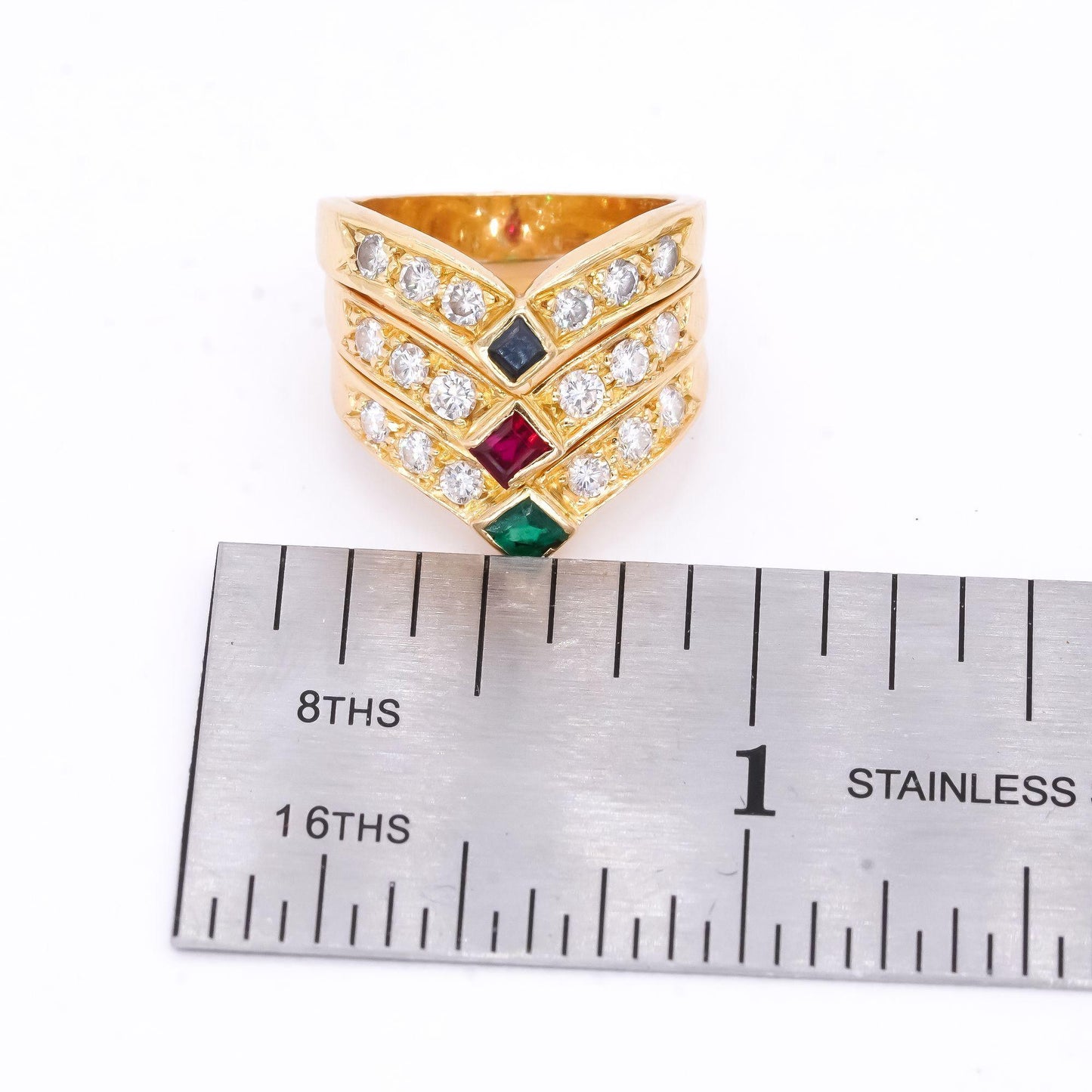 18k Yellow Gold 0.80CT VS Diamond Ruby Emerald Sapphire V Ring size 4.5