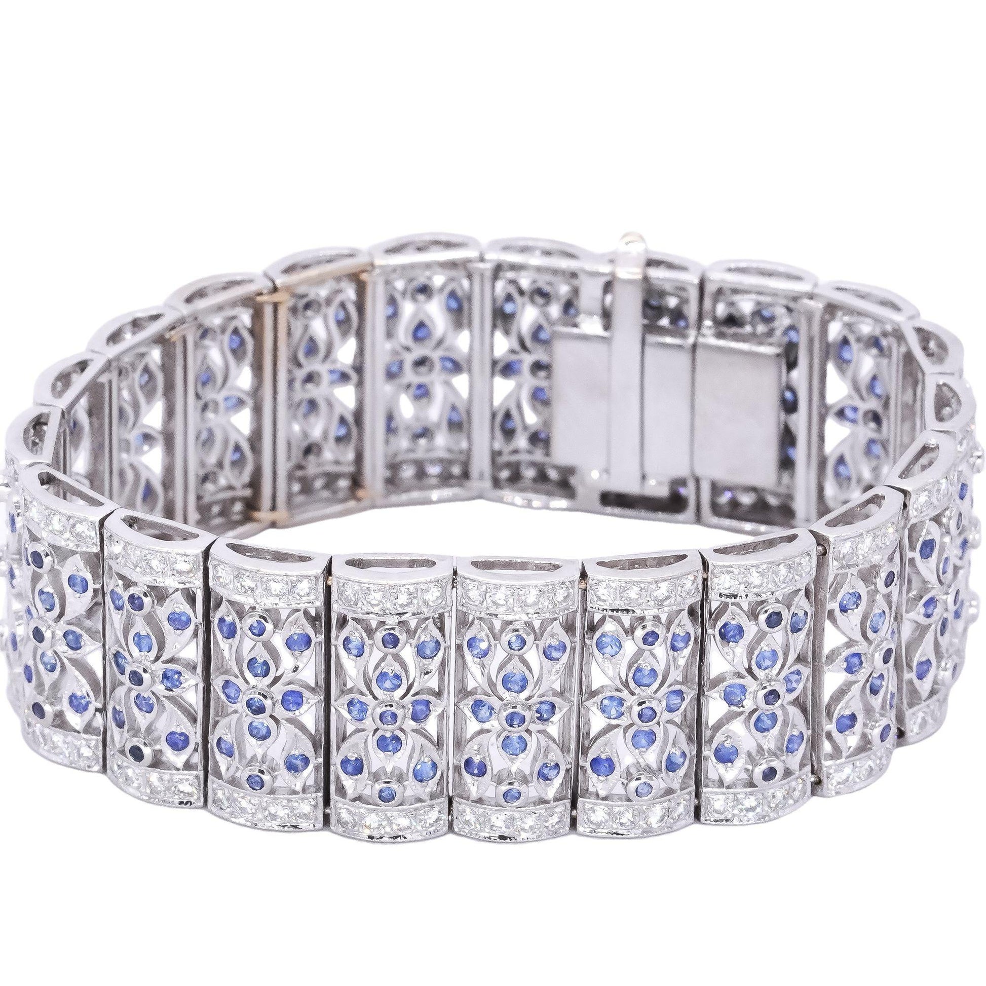 18k White Gold 4.20CT VS Diamond & Blue Sapphire Fancy Wide Bracelet