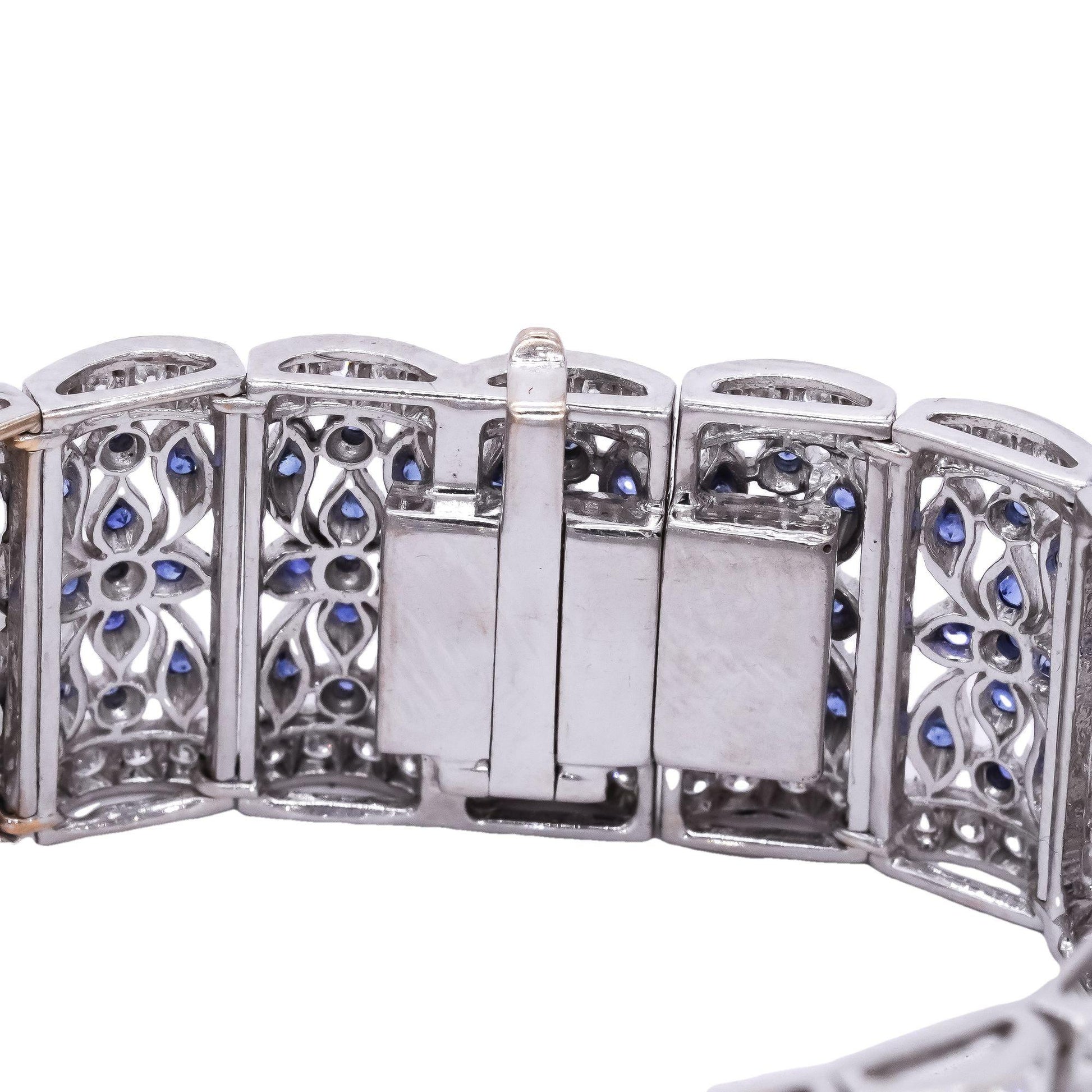 18k White Gold 4.20CT VS Diamond & Blue Sapphire Fancy Wide Bracelet