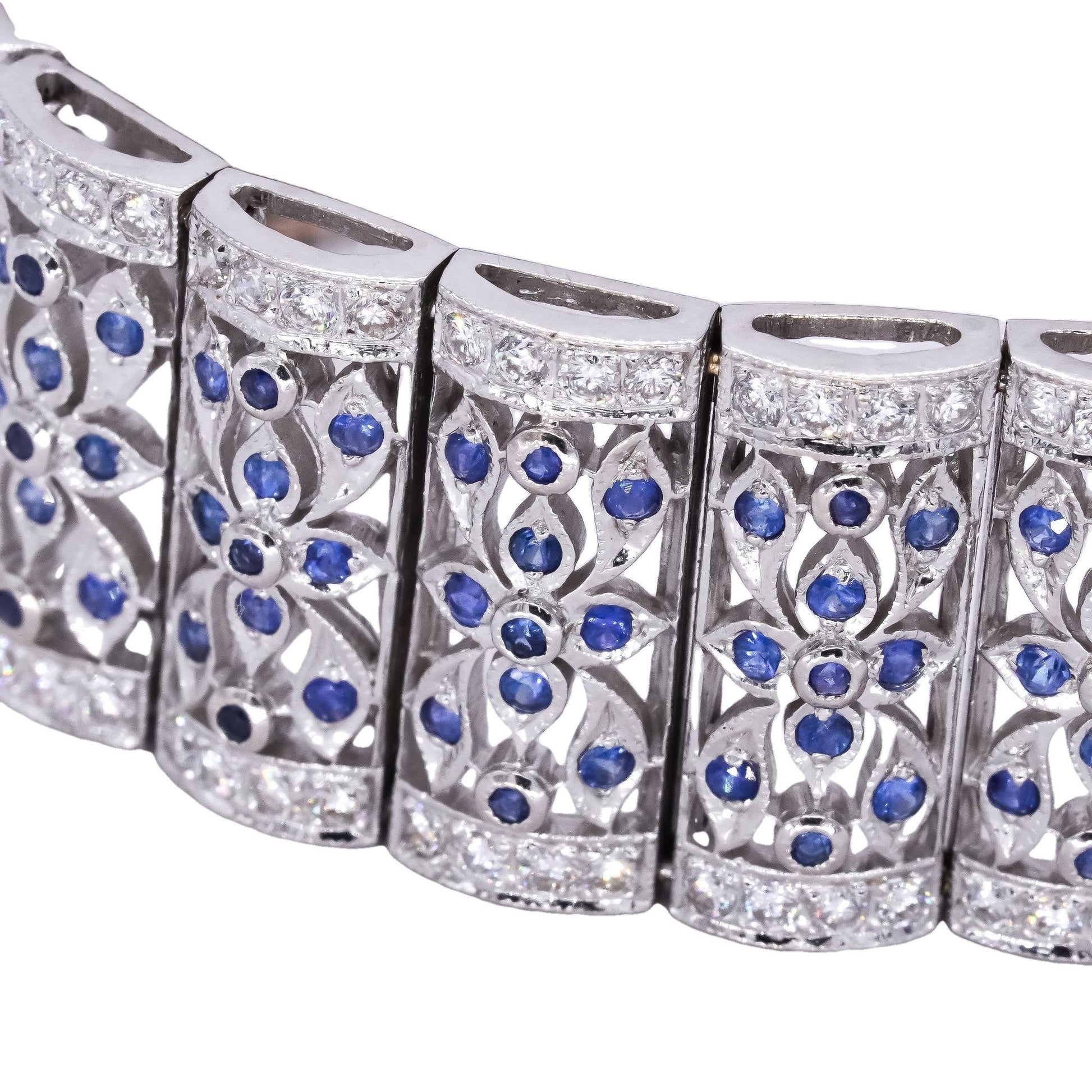 18k White Gold 4.20CT VS Diamond & Blue Sapphire Fancy Wide Bracelet