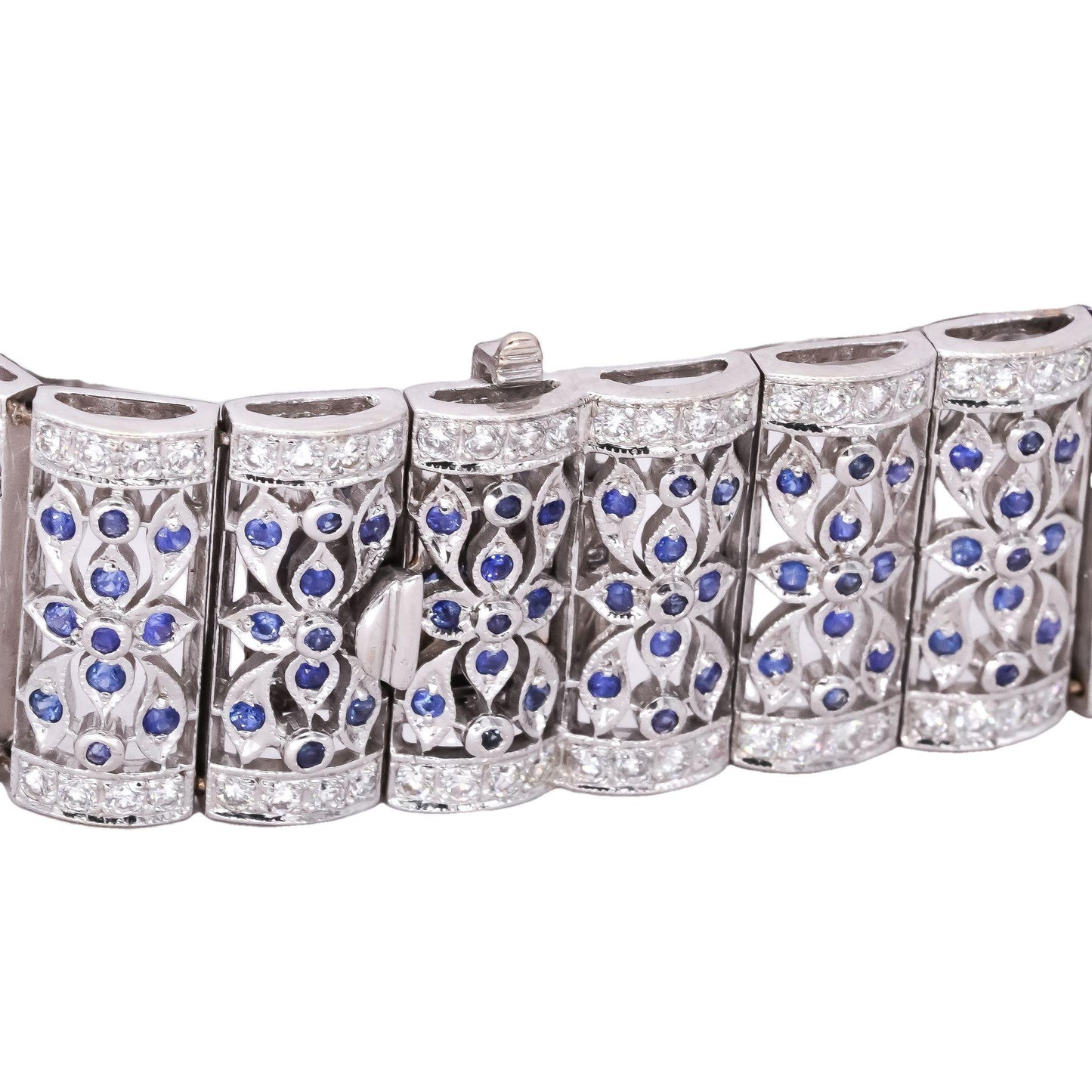 18k White Gold 4.20CT VS Diamond & Blue Sapphire Fancy Wide Bracelet