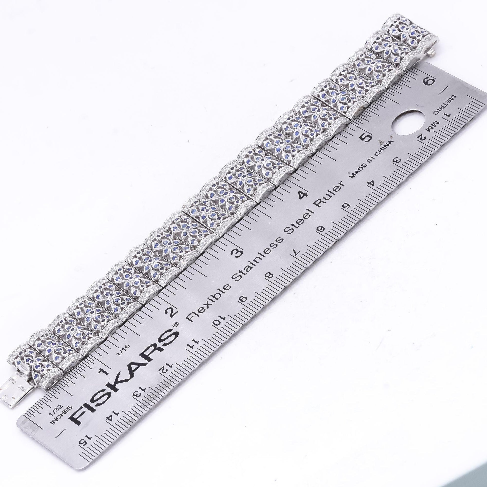 18k White Gold 4.20CT VS Diamond & Blue Sapphire Fancy Wide Bracelet