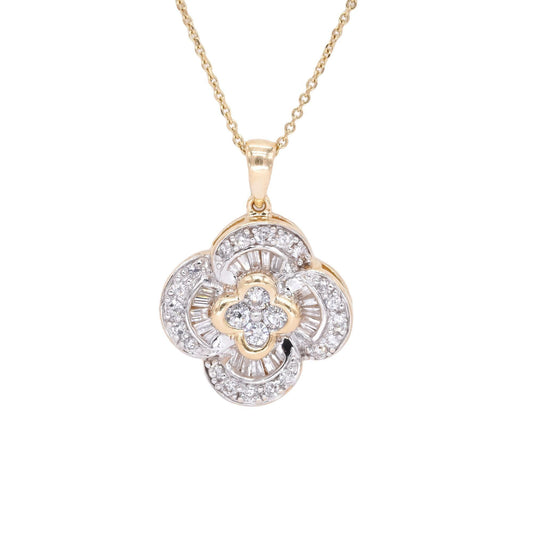 14k White & Yellow Gold 0.75ct Diamond Cluster Flower Pendant Necklace