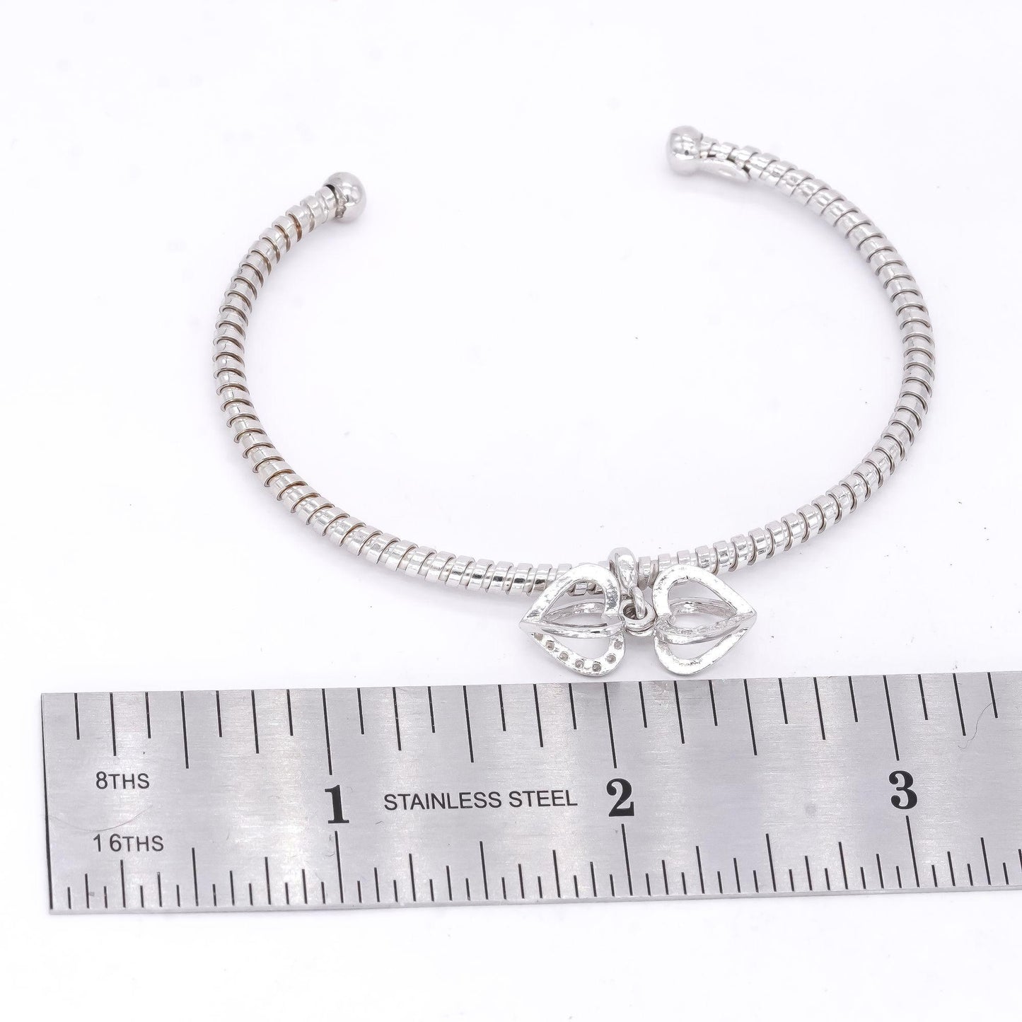 Sterling Silver Jewelry Double Dangle Heart Cuff Bangle Bracelet