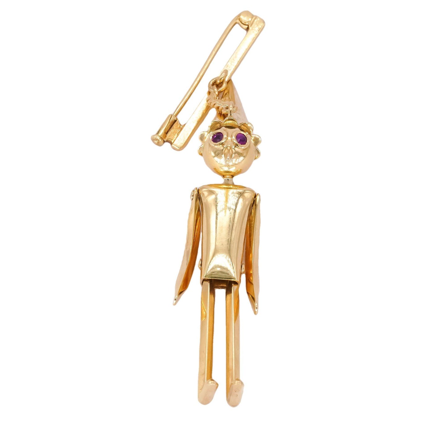 Italian Designer 18k Yellow Gold Ruby Eyed Pinocchio Brooch Pin