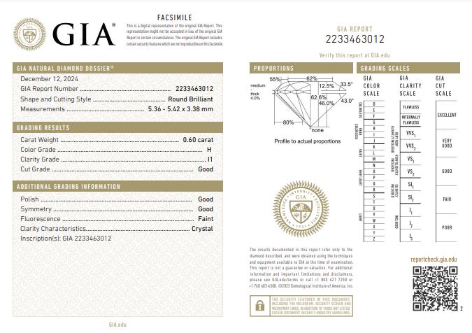 GIA Certified 0.60CT I1/H Round Brilliant Loose Diamond