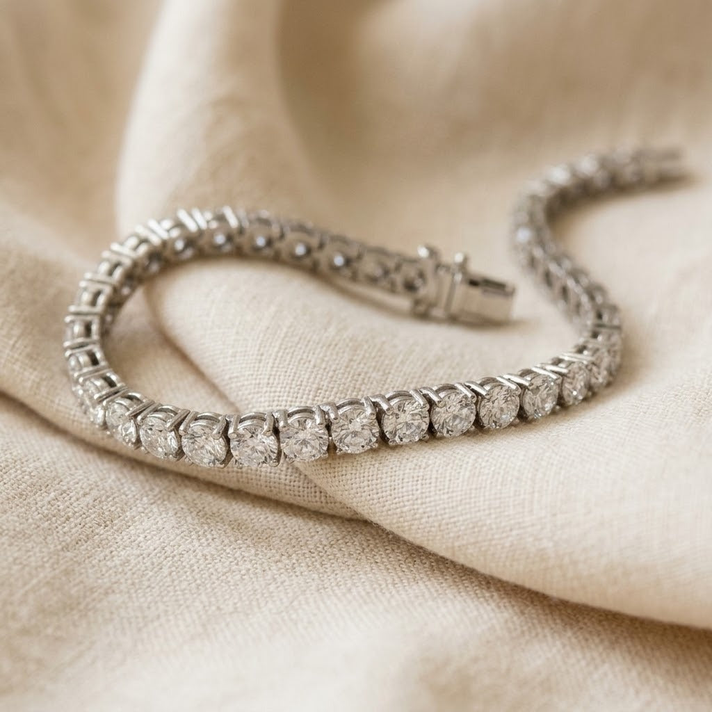 14k white gold diamond tennis bracelet on linen