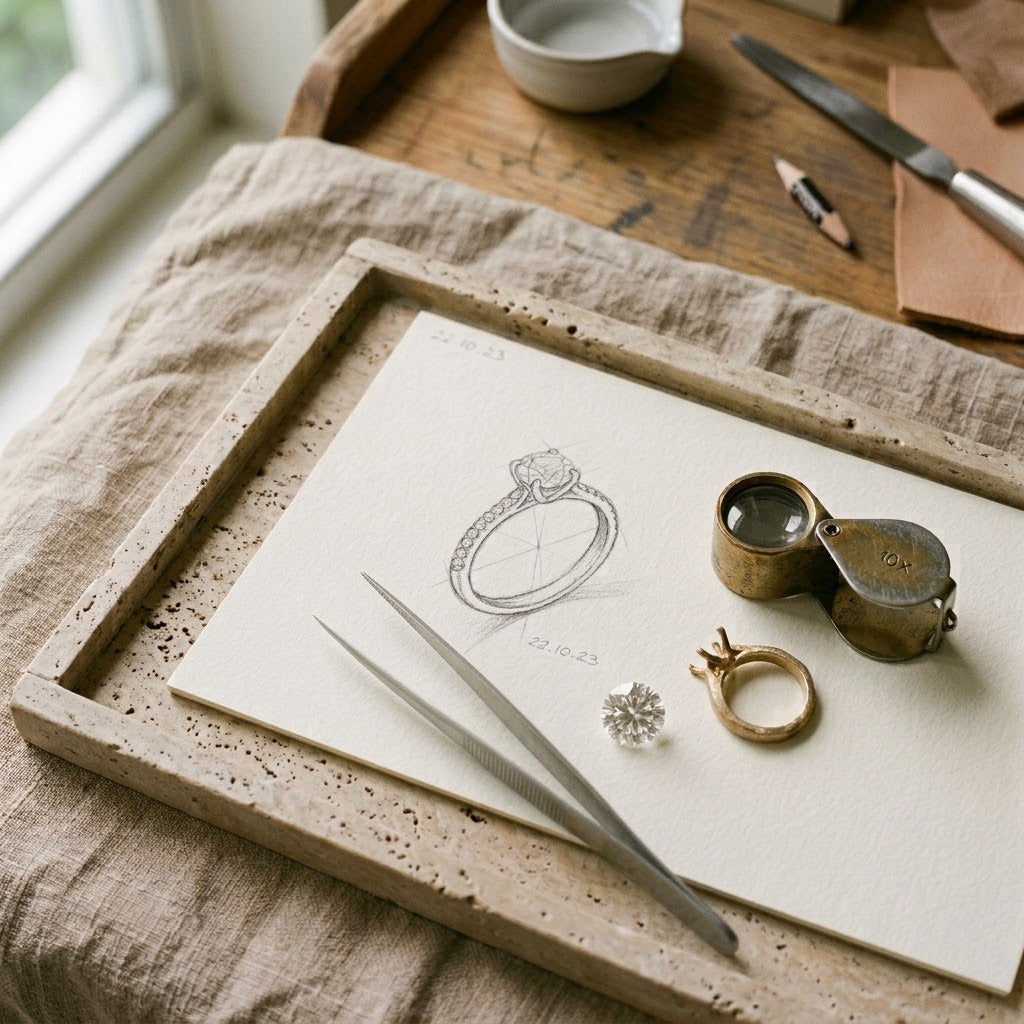 Engagement ring sketch with a loose diamond, tweezers and a loupe