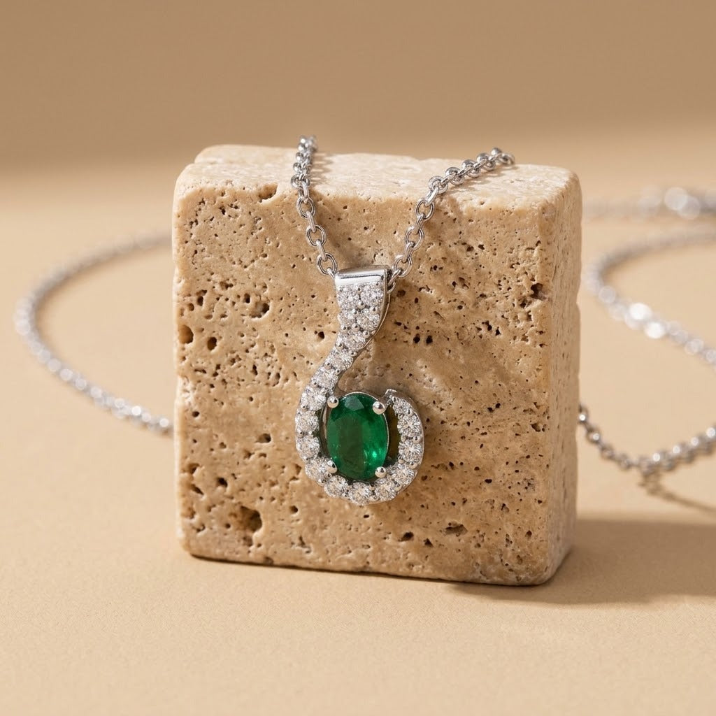White gold diamond and emerald pendant necklace on travertine