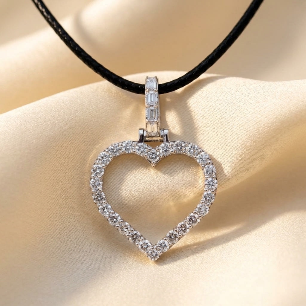 10k White Gold Round Diamond Open Heart Pendant Necklace 2.15CT