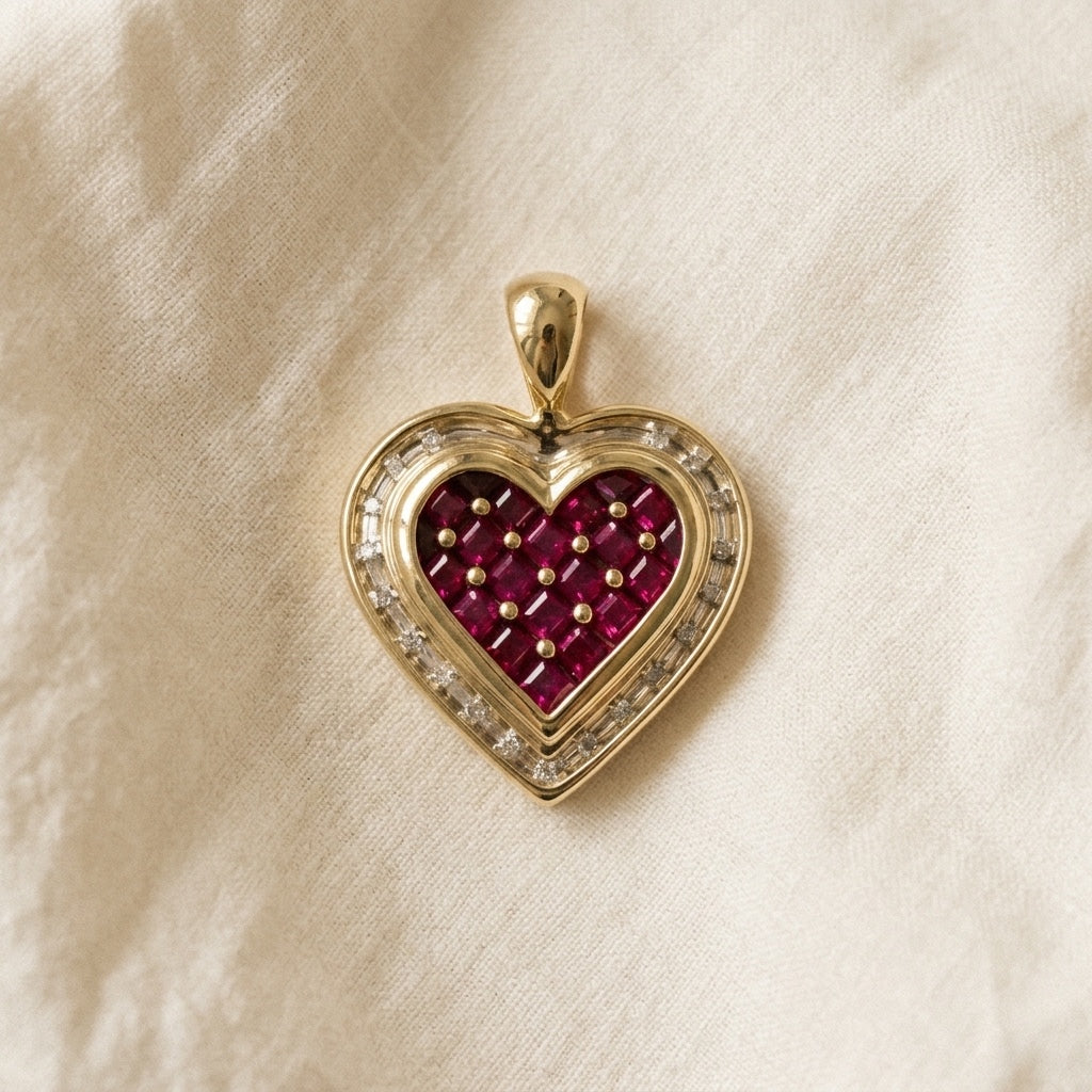 10k Yellow Gold Ruby Heart Pendant w/ Diamond Accents 1.0CT