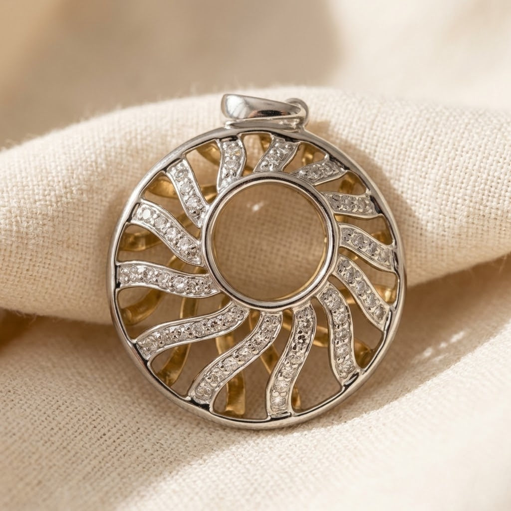 14k white and yellow gold VS round diamond abstract sunburst pendant 0.75ct