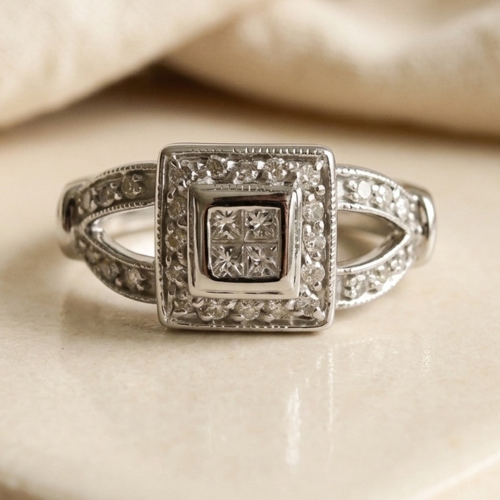 14k White Gold Princess and Round Diamond Cocktail Ring 0.50CT Size 6.5