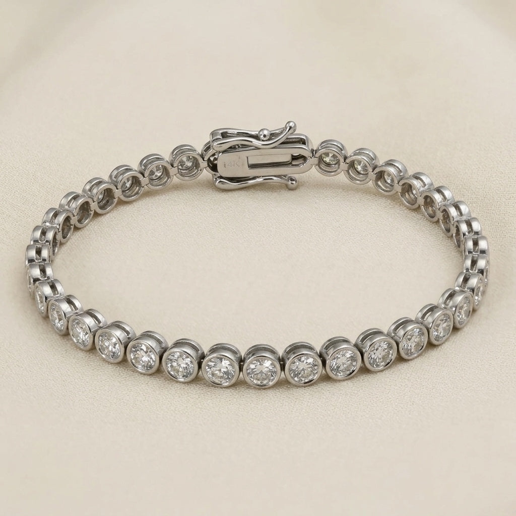 14k White Gold Round Bezel Set Natural Diamond Tennis Bracelet 4.33CT