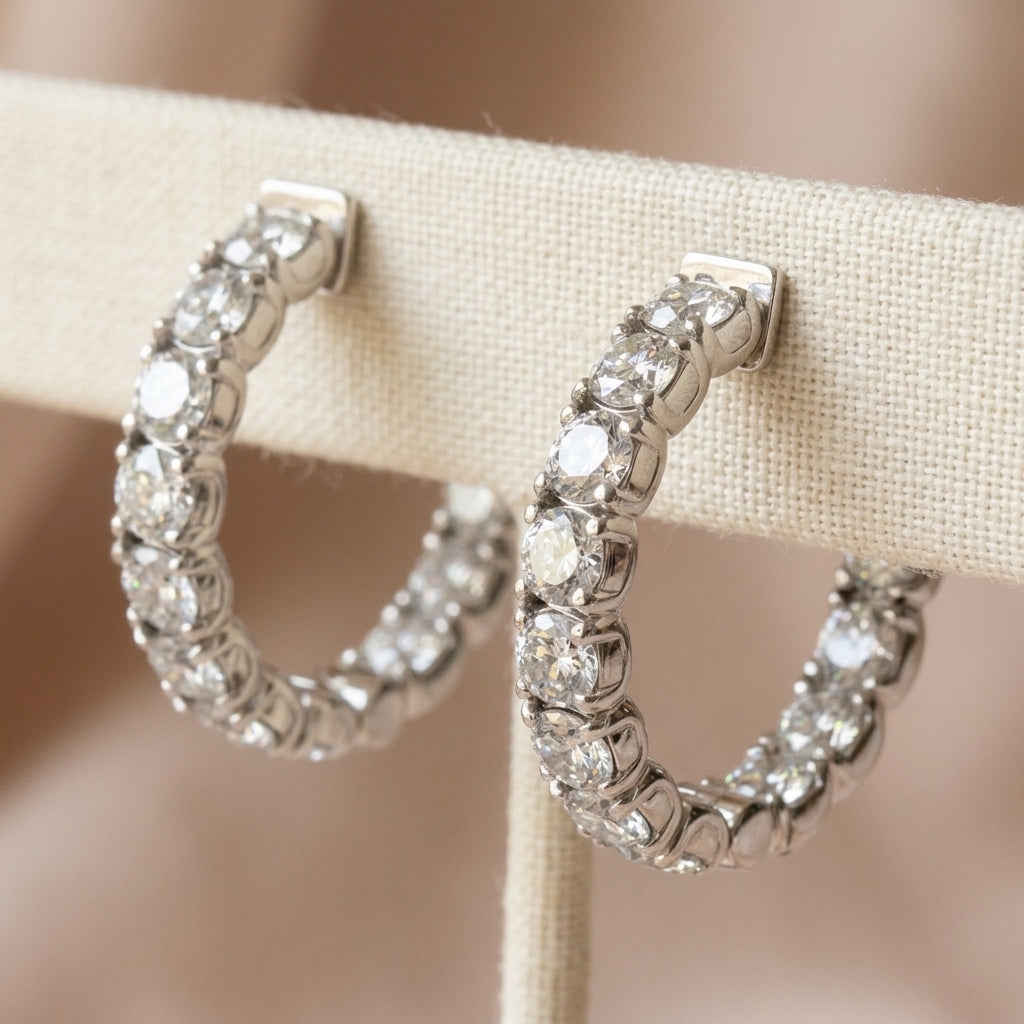 14k White Gold Round Diamond Inside Out Circle Hoop Earrings 7.38CT