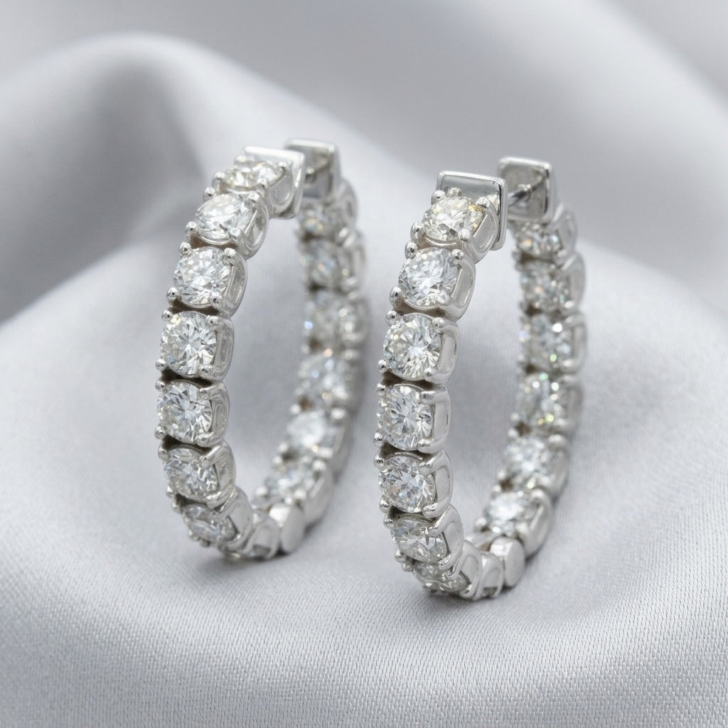 14k White Gold Round Diamond Inside Out Oval Hoop Earrings 7.42CT