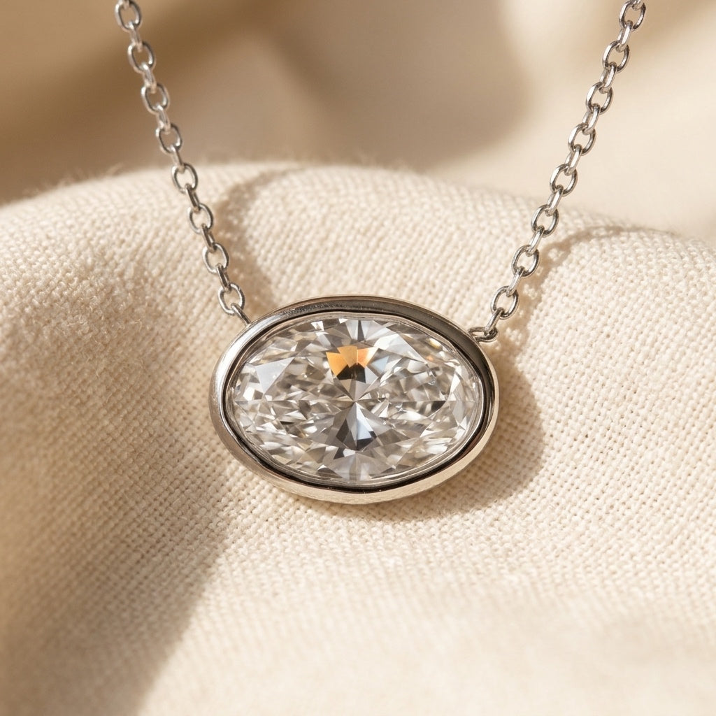 14k White Gold VS Oval Lab-Grown Diamond Solitaire Pendant Necklace 0.98CT