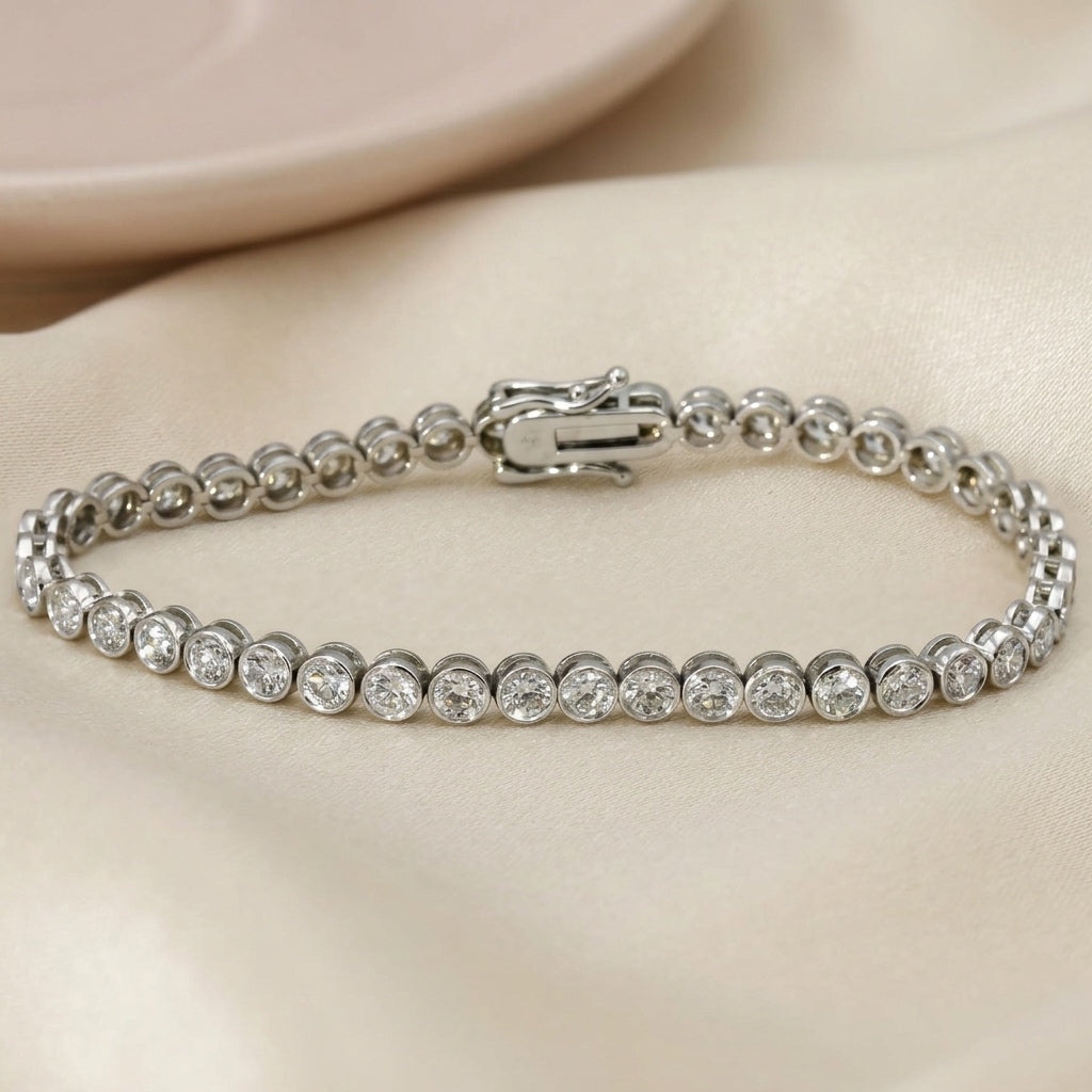 14k White Gold VS Round Bezel Set Diamond Tennis Bracelet 6.08CT