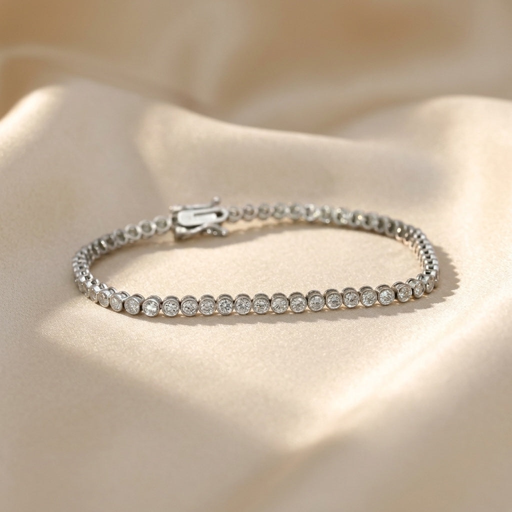 14k White Gold VS Round Bezel Set Natural Diamond Tennis Bracelet 2.93CT